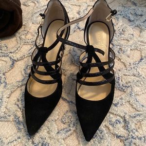 Suede and snake print heels. About 1.5 inches.